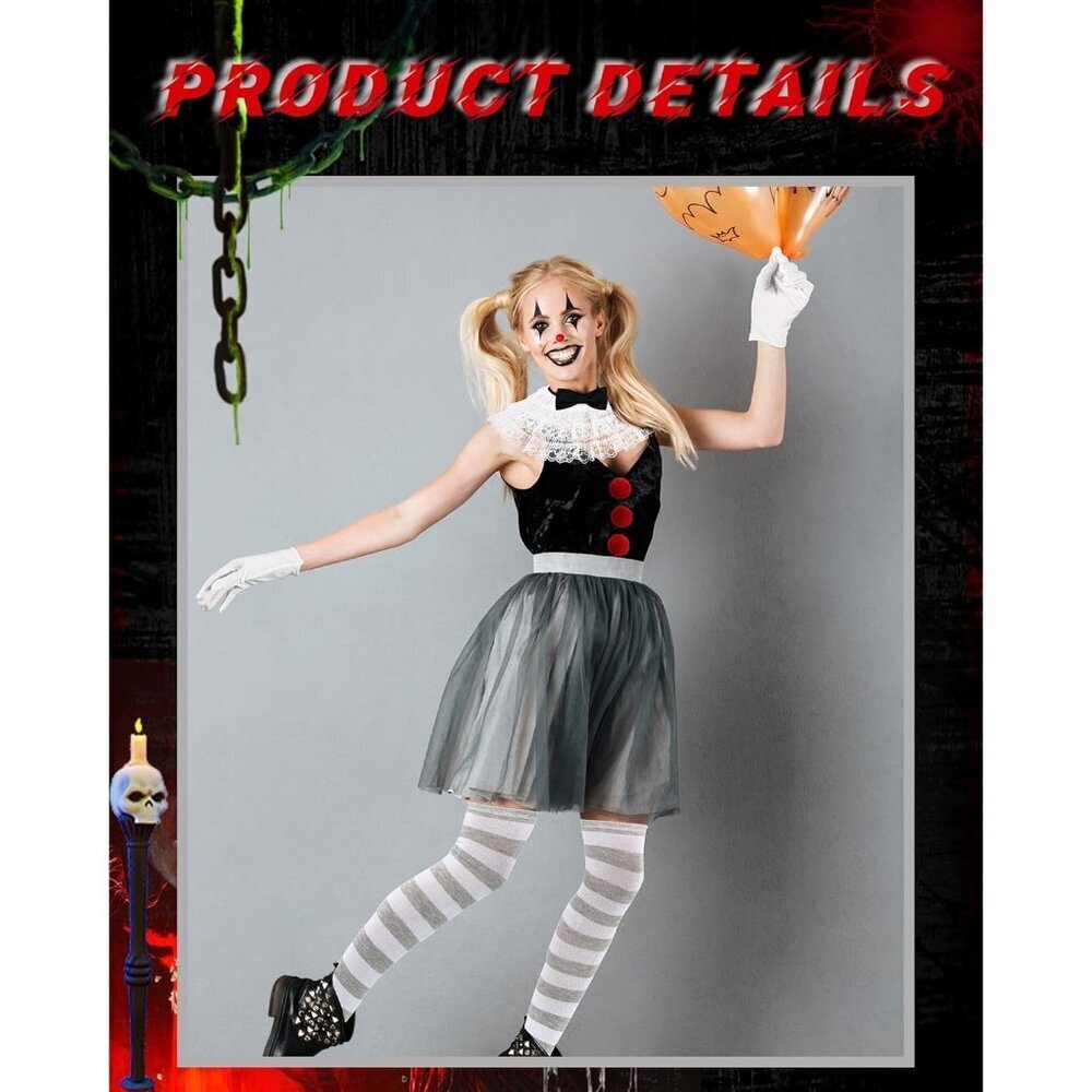 Women's Creepy Clown Costume Accessories Gloves Collar Stockings Pompoms - Picture 6 of 6